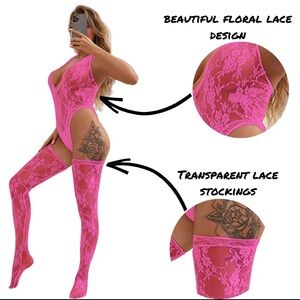 New lingerie pieces. Elegant, sexy pink body suit with stockings.